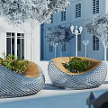 Modern Outdoor Landscape Seats With Metal Mesh Design Built In Plants And White Buildings