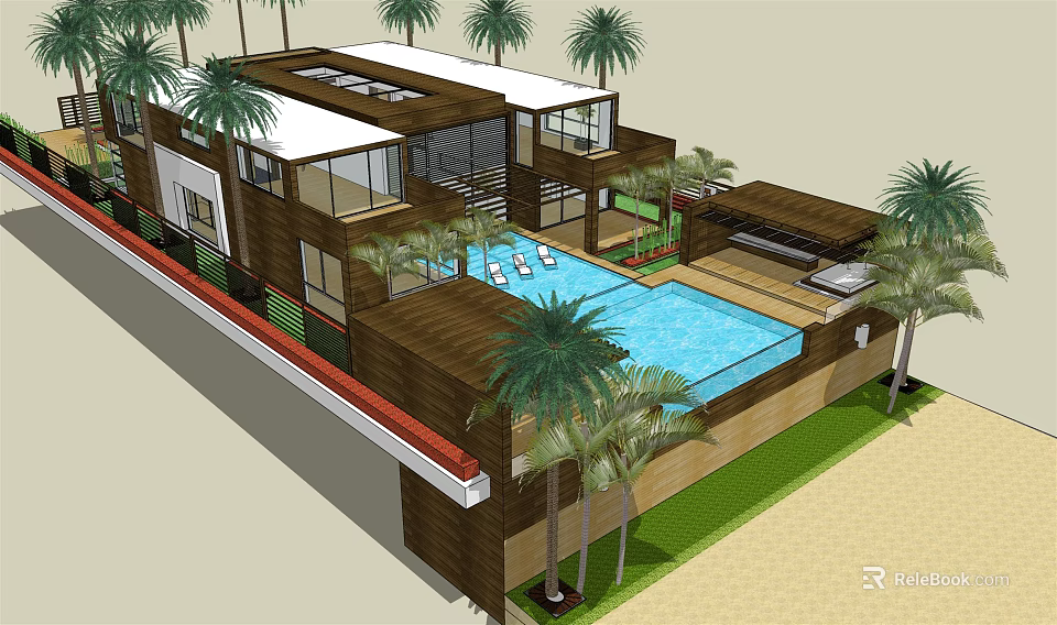Modern Detached Villa With Swimming Pool Palm Trees And Open Courtyard Design 3d model 