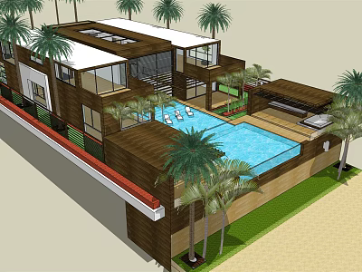 Modern Detached Villa With Swimming Pool Palm Trees And Open Courtyard Design 3d model