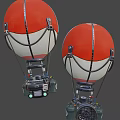 Red and White Hot Air Balloons With Metal Frames And Suspended Equipment Against Black Background