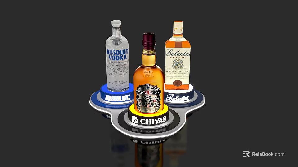 Elegant Liquor Bottles and Wine Glasses on Circular Display Stand with Brand Logos 3d model 