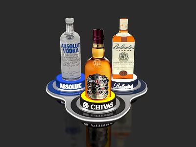 Elegant Liquor Bottles and Wine Glasses on Circular Display Stand with Brand Logos 3d model