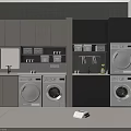 Elegant Modern Bathroom Interior With Cabinet Rack Washing Machines Mirror Sink And Storage
