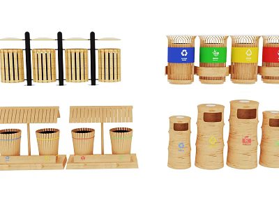 Public Facilities Recycling Bins With Color Coded Design And Bamboo Construction For Waste Sorting 3d model