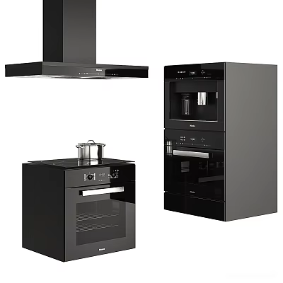 Black Modern Kitchen Appliances Featuring Range Hood Oven and Sleek Built in Design 3d model