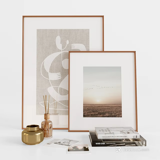 Modern Decorative Ornament Combination With Framed Artworks Aromatic Bottles And Stacked Books 3d model 