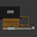 Wooden Log Cabin with Black Roof Skylight Front Porch Chairs Table and Potted Plants