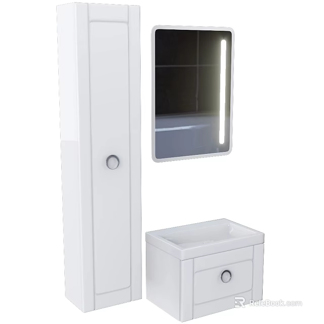 White Bathroom Cabinet With Lighted Mirror Sink And Storage Compartment 3d model 