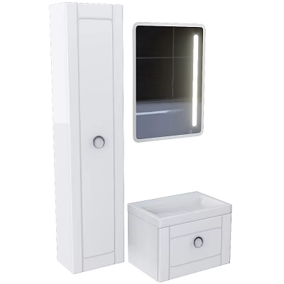 White Bathroom Cabinet With Lighted Mirror Sink And Storage Compartment 3d model