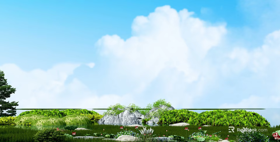 Fresh Natural Garden Landscape With Blue Sky White Clouds Green Grass Rocks And Red Flowers 3d model 