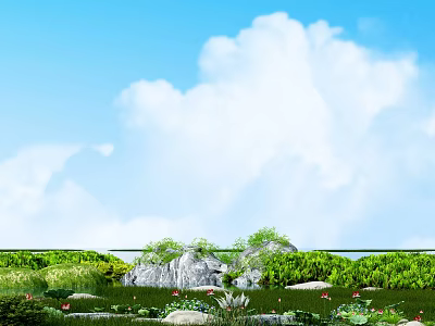 Fresh Natural Garden Landscape With Blue Sky White Clouds Green Grass Rocks And Red Flowers 3d model
