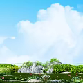 Fresh Natural Garden Landscape With Blue Sky White Clouds Green Grass Rocks And Red Flowers