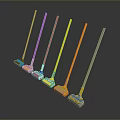Colorful Mops With Long Handles And Various Colored Heads On Dark Background