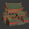 Cartoon Scene Of Traditional Chinese Architecture With Green Roof Red Pillars Wooden Structure And Steps