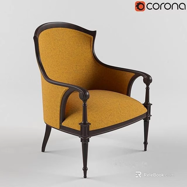 Classic Yellow Upholstered Single Sofa With Dark Wooden Frame And Curved Arms 3d model 