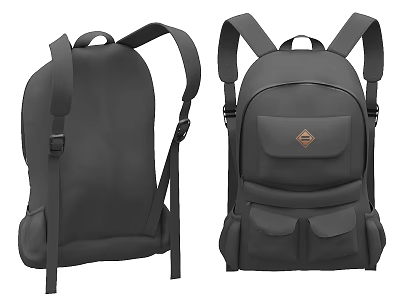 Black Backpack Front And Back Views With Pocket Logo And Shoulder Straps Design 3d model