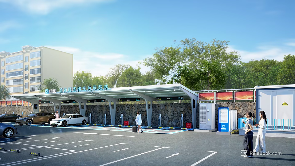 Parking Lot With EV Charging Stations Modern Solar Canopy Green Trees And Cars 3d model 