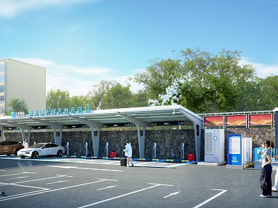 Parking Lot With EV Charging Stations Modern Solar Canopy Green Trees And Cars 3d model
