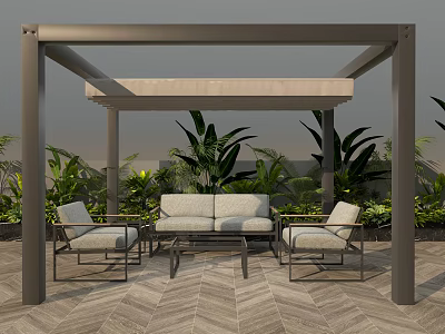 Outdoor Pergola With Comfortable Sofa Chairs Lush Green Plants And Herringbone Pattern Flooring 3d model