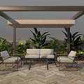 Outdoor Pergola With Comfortable Sofa Chairs Lush Green Plants And Herringbone Pattern Flooring