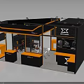 Modern Exhibition Booth Design With Black Orange Theme And Display Counters Tables Chairs 3d model
