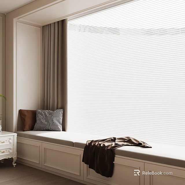 Cozy Window Seat Corner With White Venetian Blinds And Decorative Cushions 3d model 