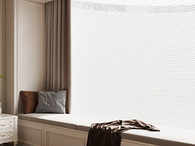 Cozy Window Seat Corner With White Venetian Blinds And Decorative Cushions 3d model