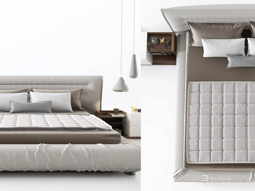 Modern Double Bed Interior Design With Mattress Headboard Pillows Nightstand And Lighting 3d model