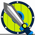 Colorful Weapon Design with Silver Sword Blue Black Handle and Green Shield White Dots