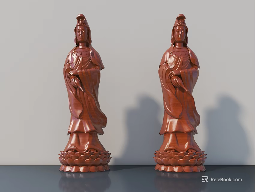 Two Standing Traditional Carved Wooden Guanyin Sculptures with Lotus Bases 3d model 