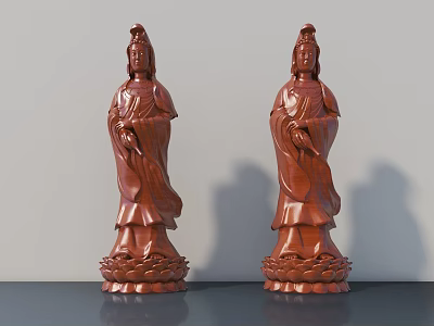 Two Standing Traditional Carved Wooden Guanyin Sculptures with Lotus Bases 3d model