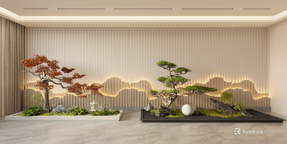 Indoor Landscape With Bonsai Trees Mountain Lighting And Plants 3d model 