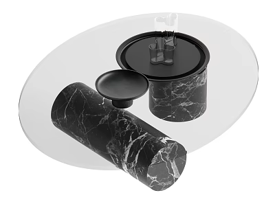 Modern Coffee Table With Clear Glass Top And Black Marble Cylindrical Bases 3d model