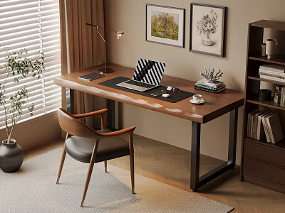 Modern Home Office Desk With Window Blinds Floor Lamp Laptop Books Chair And Plant 3d model