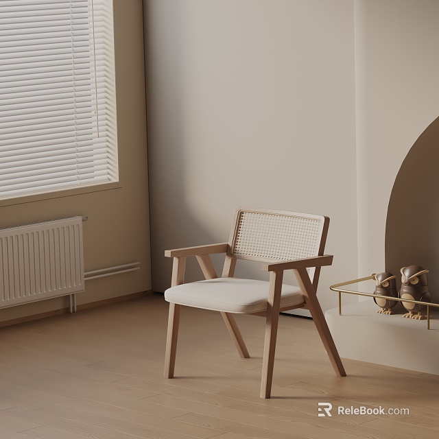 Minimalist Wooden Dining Chair With Rattan Backrest And Light Colored Cushion 3d model 