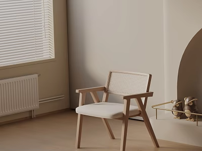 Minimalist Wooden Dining Chair With Rattan Backrest And Light Colored Cushion 3d model