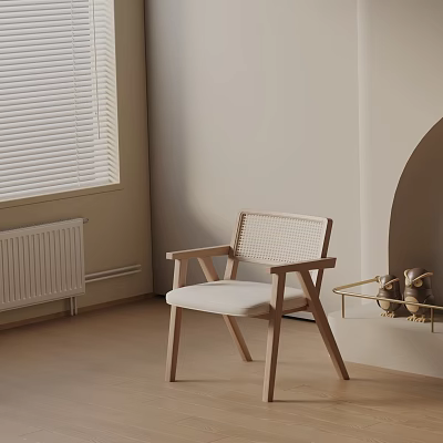 Minimalist Wooden Dining Chair With Rattan Backrest And Light Colored Cushion 3d model