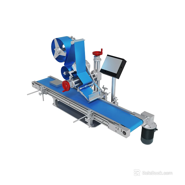 Blue Automatic Labeling Machine With Conveyor Belt And Touchscreen Display For Packaging 3d model