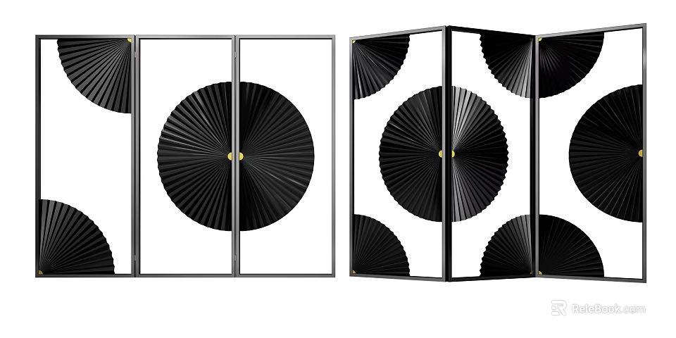 Modern Black Room Divider With Fan Shaped Patterns And Metal Frame Design 3d model
