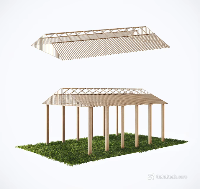 Wooden Pergola With Crossed Top Structure And Columns On Green Grass 3d model 