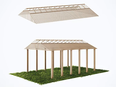 Wooden Pergola With Crossed Top Structure And Columns On Green Grass 3d model