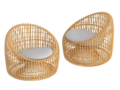 Two Rattan Round Outdoor Chairs With White Comfortable Cushions For Garden Use 3d model