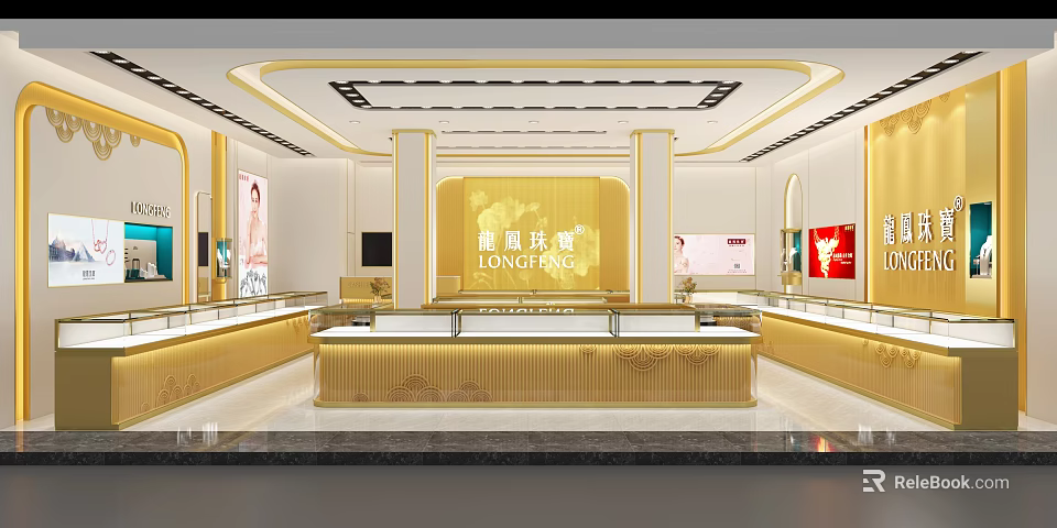 Elegant Modern Long Feng Jewelry Store Interior With Golden Display Cases And Counter 3d model 