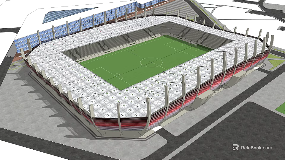 Modern Football Stadium Architectural Design With Green Pitch Spectator Stands And Roof Structure 3d model 