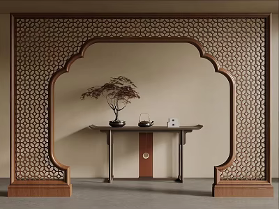 Traditional Carved Archway Design With Console Table Potted Plant Tea Set And Book 3d model
