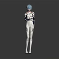 Anime Character With Blue Hair And White Bodysuit Standing With Colorful Accents On Gray Background