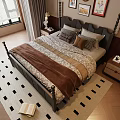 Cozy Double Bed With Dark Frame Striped Quilt Pillows Bedside Tables And Wall Artworks