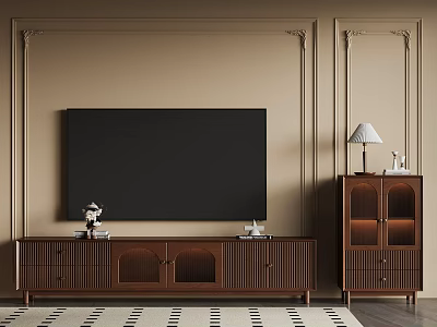 Modern Living Room With Black TV Brown TV Stand Glass Door Cabinet And Table Lamp 3d model