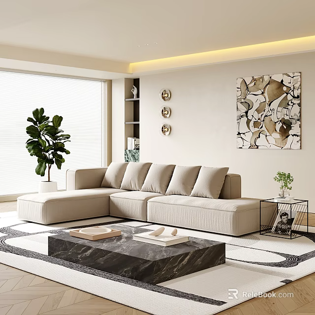 Modern Living Room With Beige L Shaped Sofa Black Marble Coffee Table And Abstract Art 3d model 