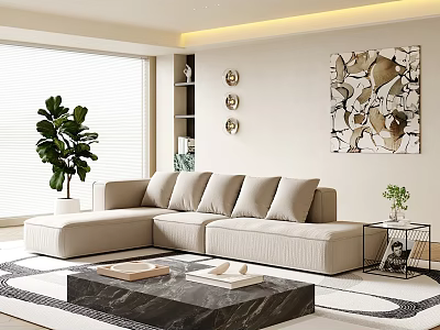 Modern Living Room With Beige L Shaped Sofa Black Marble Coffee Table And Abstract Art 3d model